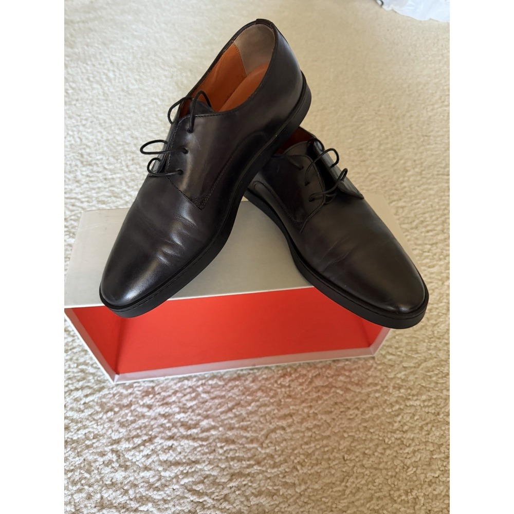 Santoni Black Leather Derby Lace Up Dress Shoes‎ Men's Size 7.5 Almond Toe